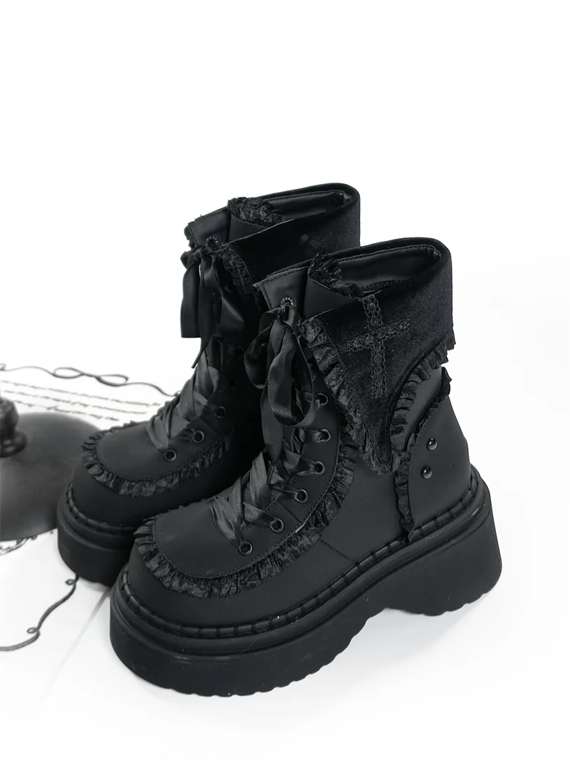 Night Visitor Gururu Original Subcultural Flip Up Round Head Gothic Cross Thick Bottom Short Boots Sweet Girl Short Boots