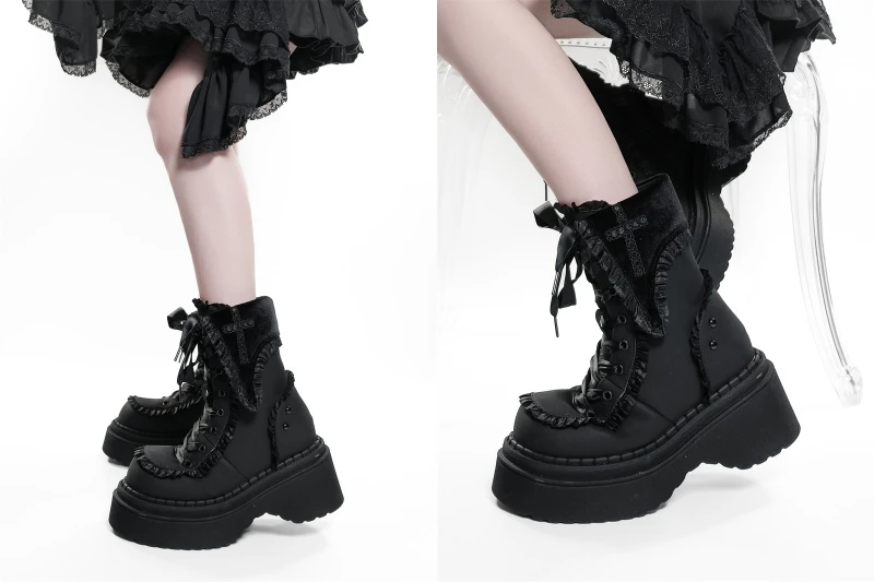 Night Visitor Gururu Original Subcultural Flip Up Round Head Gothic Cross Thick Bottom Short Boots Sweet Girl Short Boots