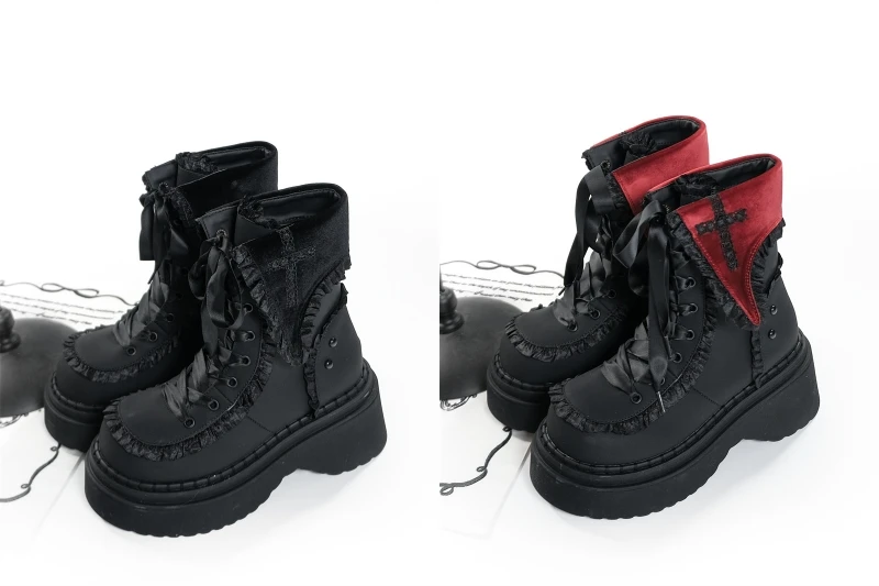 Night Visitor Gururu Original Subcultural Flip Up Round Head Gothic Cross Thick Bottom Short Boots Sweet Girl Short Boots