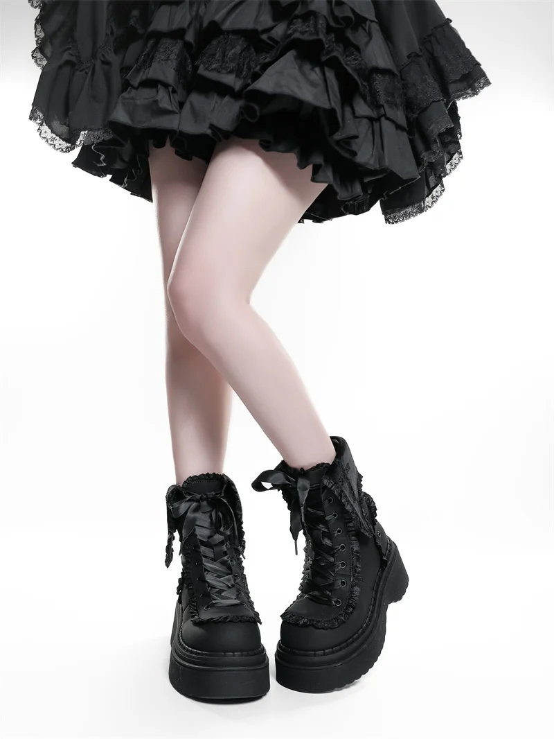 Night Visitor Gururu Original Subcultural Flip Up Round Head Gothic Cross Thick Bottom Short Boots Sweet Girl Short Boots