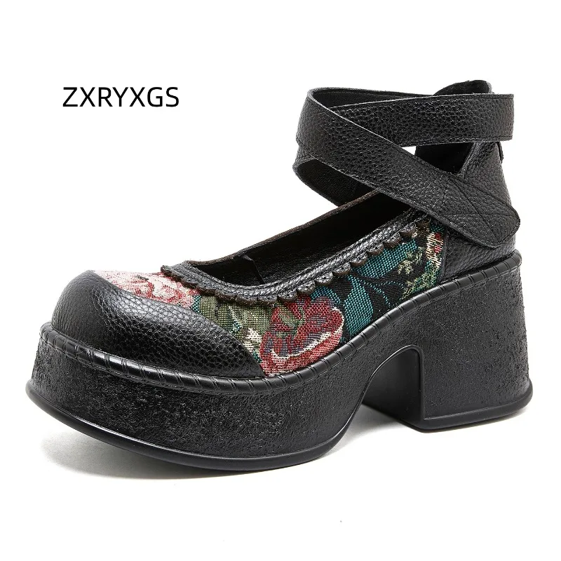 ZXRYXGS Top Layer Cowhide Splicing Embroidery Flowers Women Fashionable Pumps 2026 Elegant Comfortable High Heels Trendy Shoes