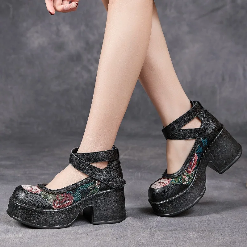 ZXRYXGS Top Layer Cowhide Splicing Embroidery Flowers Women Fashionable Pumps 2026 Elegant Comfortable High Heels Trendy Shoes