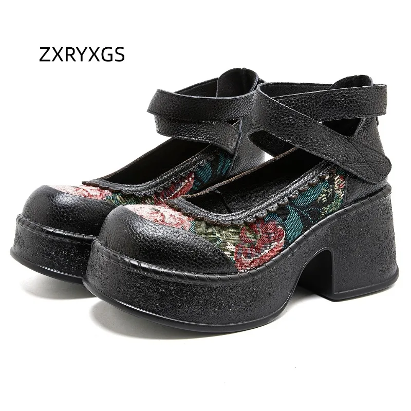 ZXRYXGS Top Layer Cowhide Splicing Embroidery Flowers Women Fashionable Pumps 2026 Elegant Comfortable High Heels Trendy Shoes