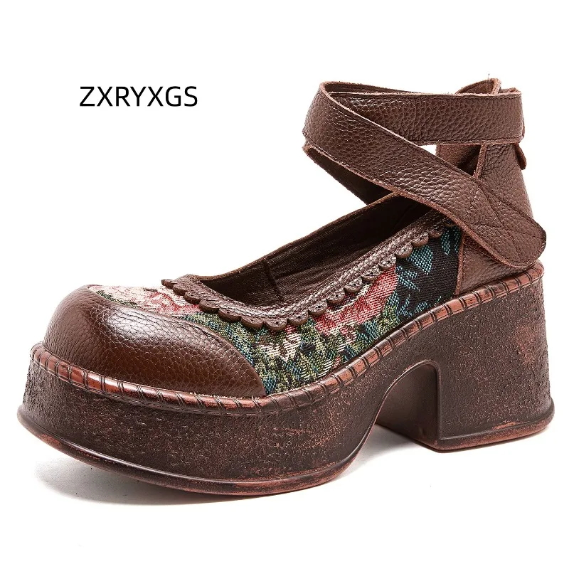ZXRYXGS Top Layer Cowhide Splicing Embroidery Flowers Women Fashionable Pumps 2026 Elegant Comfortable High Heels Trendy Shoes