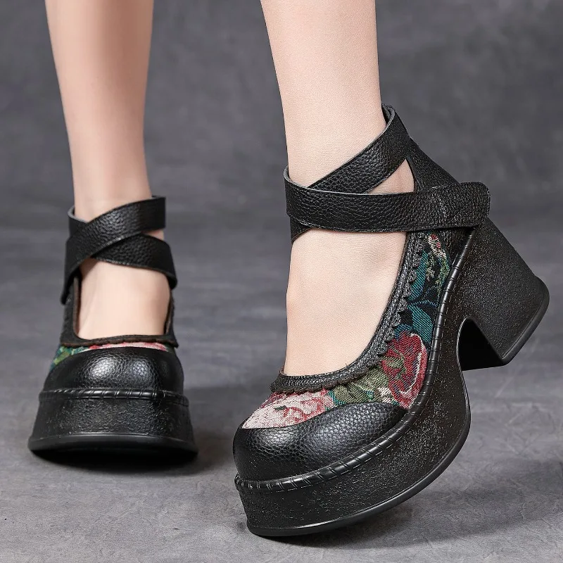 ZXRYXGS Top Layer Cowhide Splicing Embroidery Flowers Women Fashionable Pumps 2026 Elegant Comfortable High Heels Trendy Shoes