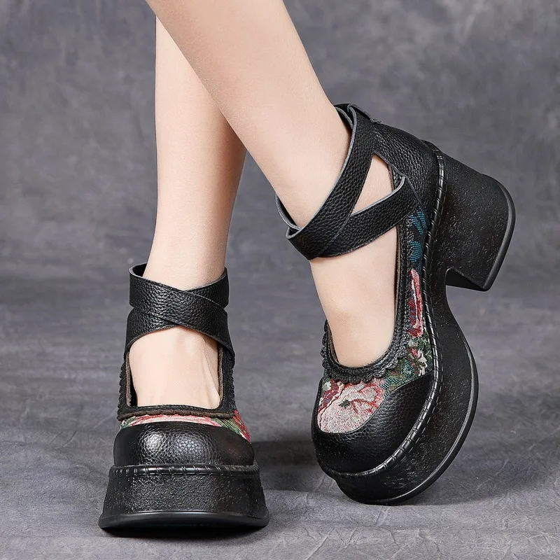 ZXRYXGS Top Layer Cowhide Splicing Embroidery Flowers Women Fashionable Pumps 2026 Elegant Comfortable High Heels Trendy Shoes