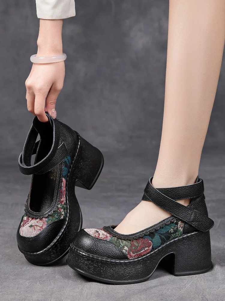 ZXRYXGS Top Layer Cowhide Splicing Embroidery Flowers Women Fashionable Pumps 2026 Elegant Comfortable High Heels Trendy Shoes