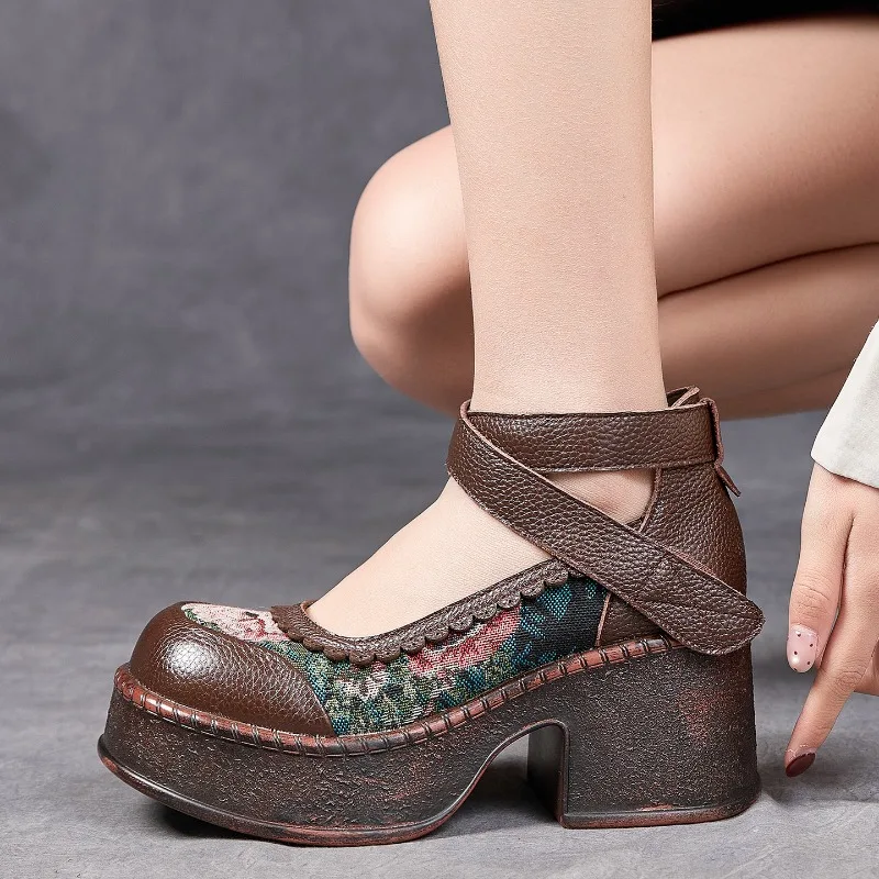 ZXRYXGS Top Layer Cowhide Splicing Embroidery Flowers Women Fashionable Pumps 2026 Elegant Comfortable High Heels Trendy Shoes