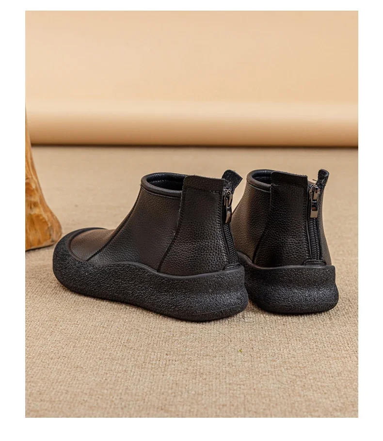 Fall/Winter Genuine Leather Ankle Boots Women Warm Non-Slip Shoes Flat Boots Fashion Rear Zipper Design Round Toe Flat Sneakers