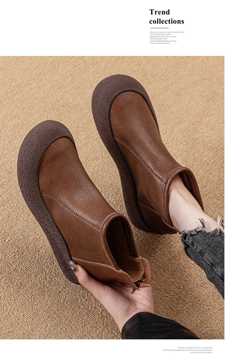 Fall/Winter Genuine Leather Ankle Boots Women Warm Non-Slip Shoes Flat Boots Fashion Rear Zipper Design Round Toe Flat Sneakers