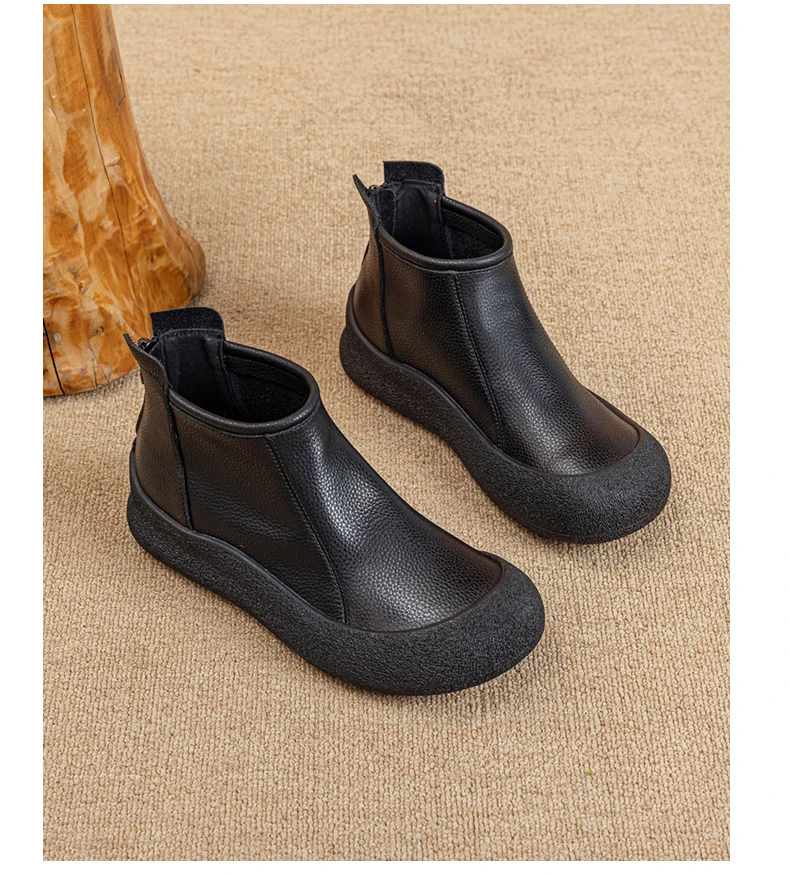 Fall/Winter Genuine Leather Ankle Boots Women Warm Non-Slip Shoes Flat Boots Fashion Rear Zipper Design Round Toe Flat Sneakers