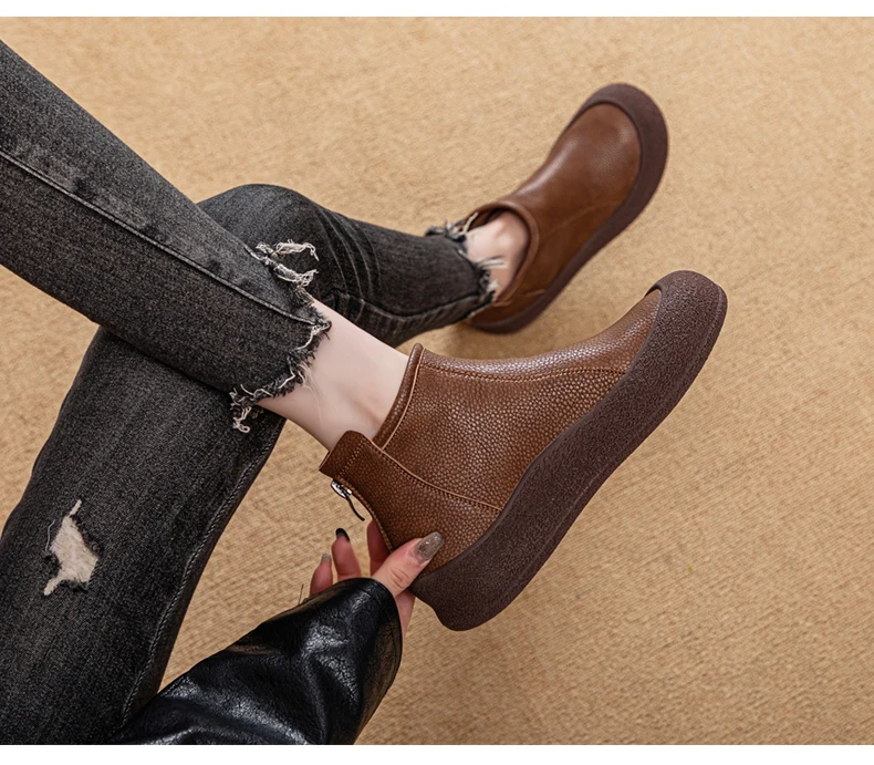 Fall/Winter Genuine Leather Ankle Boots Women Warm Non-Slip Shoes Flat Boots Fashion Rear Zipper Design Round Toe Flat Sneakers