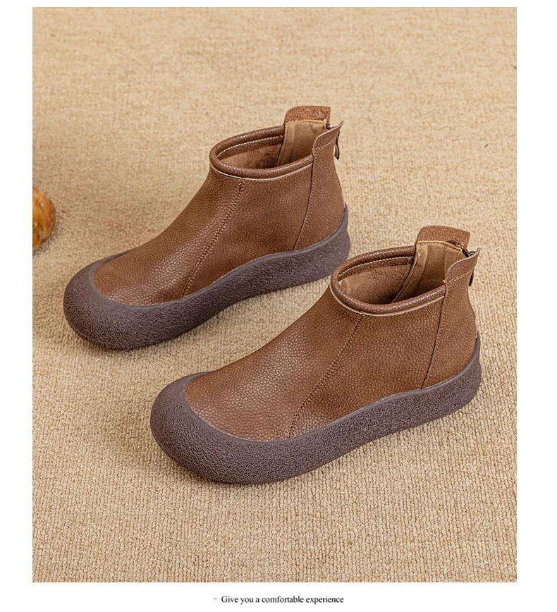 Fall/Winter Genuine Leather Ankle Boots Women Warm Non-Slip Shoes Flat Boots Fashion Rear Zipper Design Round Toe Flat Sneakers