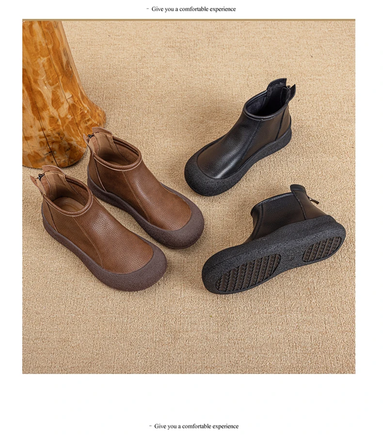 Fall/Winter Genuine Leather Ankle Boots Women Warm Non-Slip Shoes Flat Boots Fashion Rear Zipper Design Round Toe Flat Sneakers