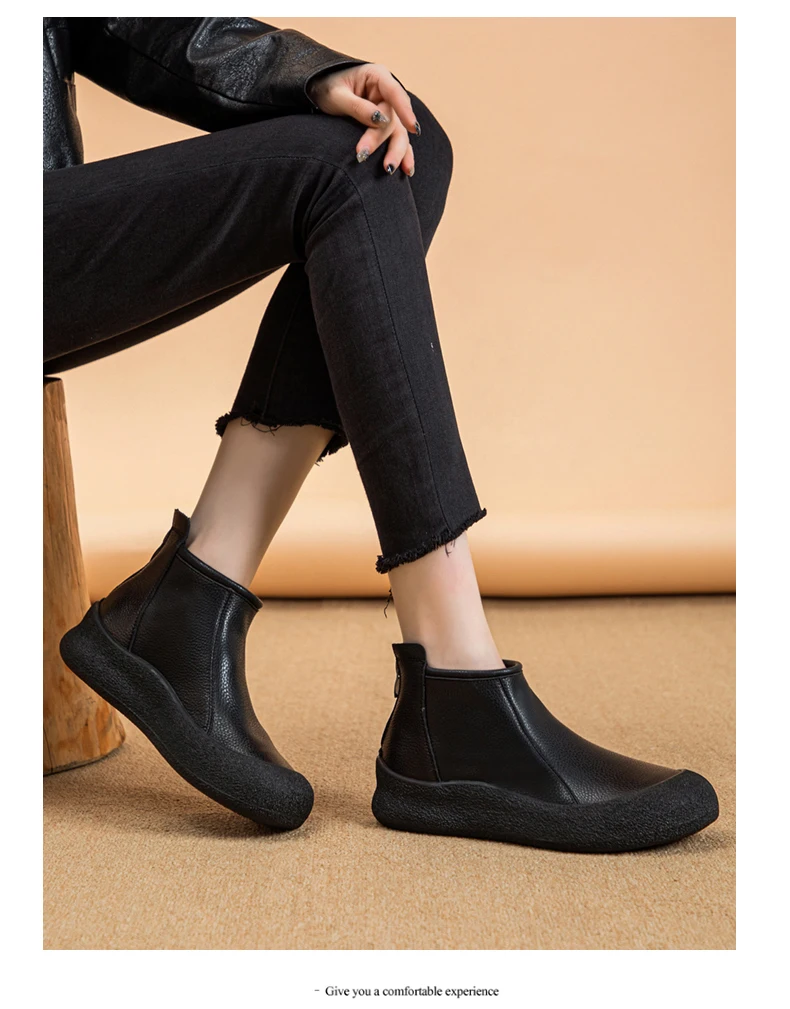 Fall/Winter Genuine Leather Ankle Boots Women Warm Non-Slip Shoes Flat Boots Fashion Rear Zipper Design Round Toe Flat Sneakers