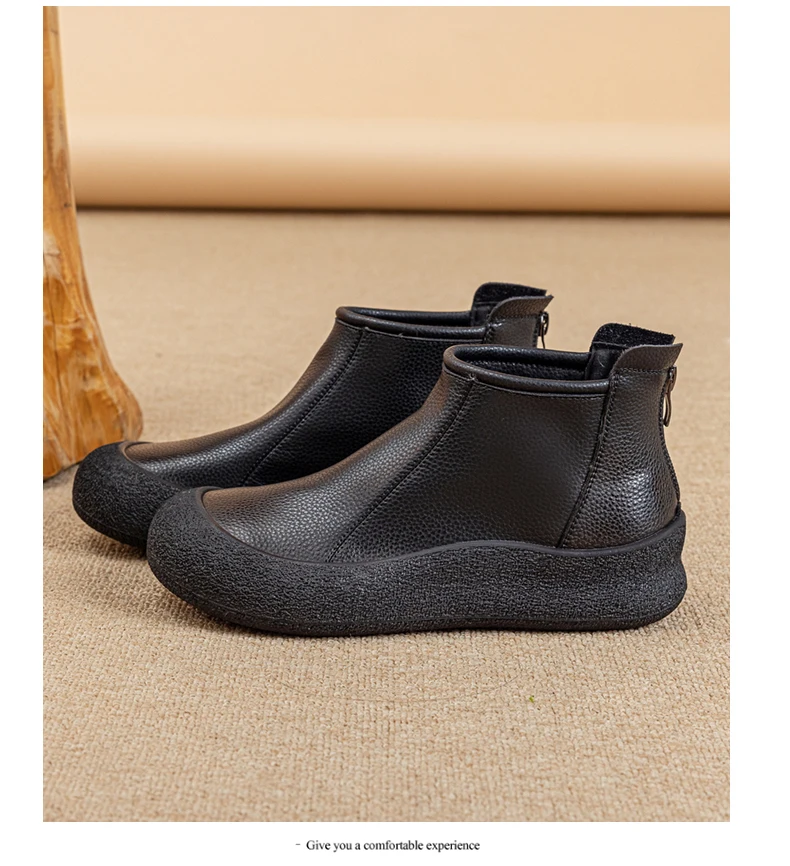 Fall/Winter Genuine Leather Ankle Boots Women Warm Non-Slip Shoes Flat Boots Fashion Rear Zipper Design Round Toe Flat Sneakers