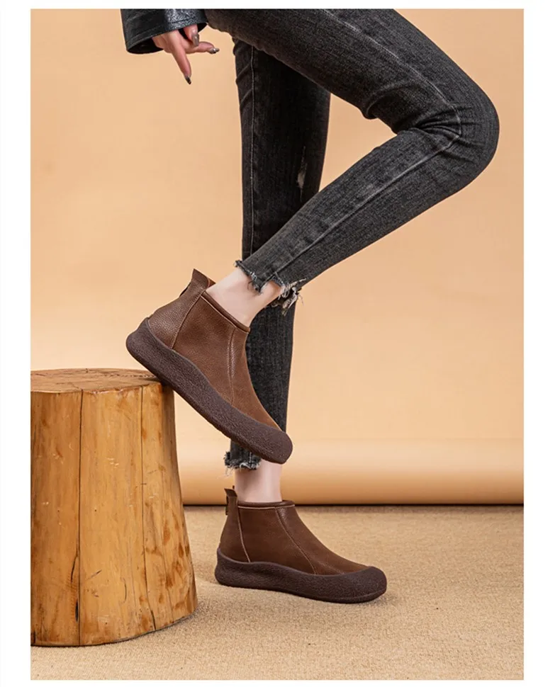 Fall/Winter Genuine Leather Ankle Boots Women Warm Non-Slip Shoes Flat Boots Fashion Rear Zipper Design Round Toe Flat Sneakers