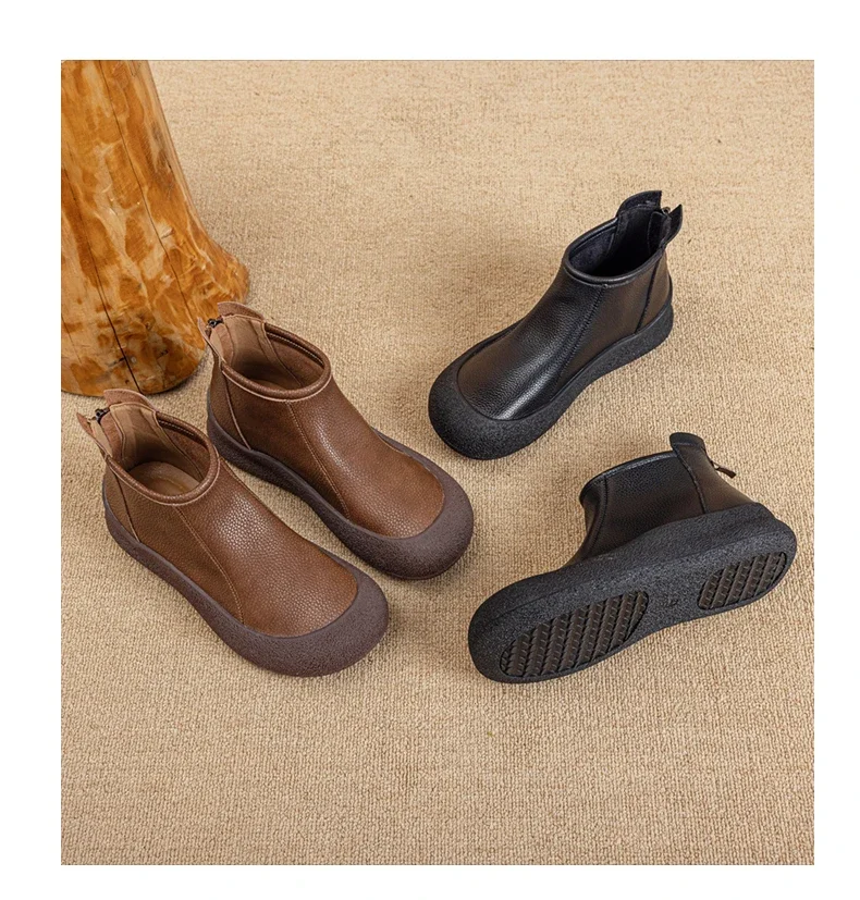 Fall/Winter Genuine Leather Ankle Boots Women Warm Non-Slip Shoes Flat Boots Fashion Rear Zipper Design Round Toe Flat Sneakers
