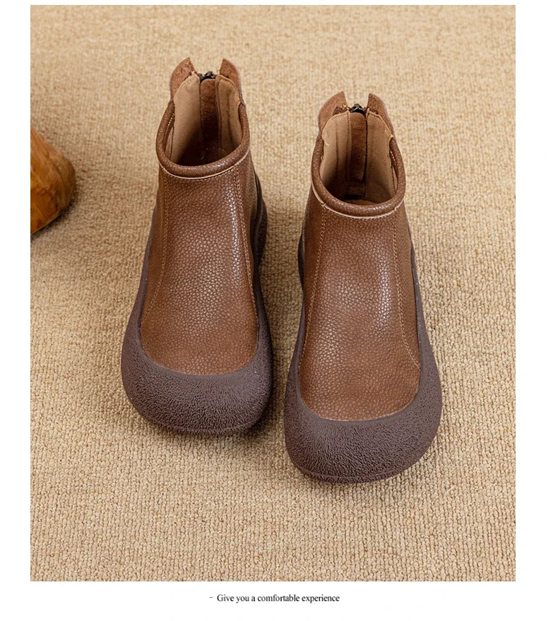 Fall/Winter Genuine Leather Ankle Boots Women Warm Non-Slip Shoes Flat Boots Fashion Rear Zipper Design Round Toe Flat Sneakers