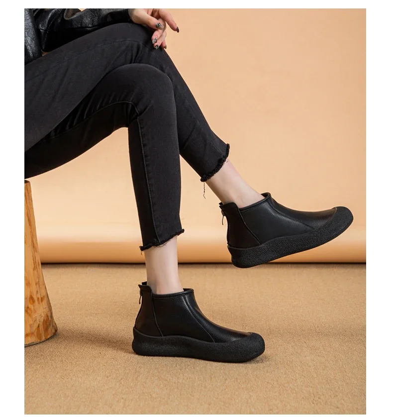 Fall/Winter Genuine Leather Ankle Boots Women Warm Non-Slip Shoes Flat Boots Fashion Rear Zipper Design Round Toe Flat Sneakers
