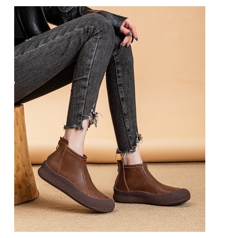 Fall/Winter Genuine Leather Ankle Boots Women Warm Non-Slip Shoes Flat Boots Fashion Rear Zipper Design Round Toe Flat Sneakers