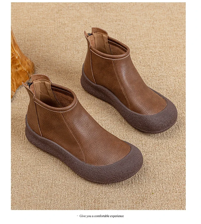 Fall/Winter Genuine Leather Ankle Boots Women Warm Non-Slip Shoes Flat Boots Fashion Rear Zipper Design Round Toe Flat Sneakers