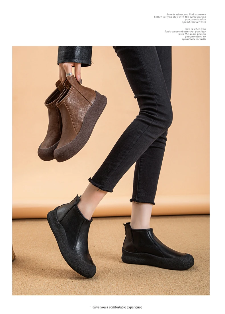 Fall/Winter Genuine Leather Ankle Boots Women Warm Non-Slip Shoes Flat Boots Fashion Rear Zipper Design Round Toe Flat Sneakers