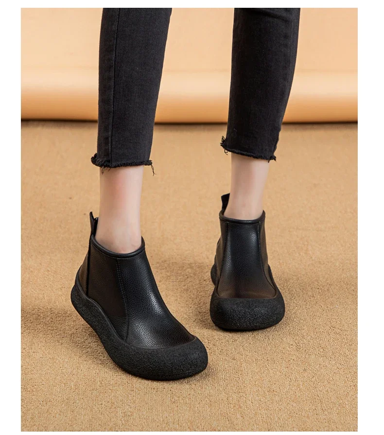 Fall/Winter Genuine Leather Ankle Boots Women Warm Non-Slip Shoes Flat Boots Fashion Rear Zipper Design Round Toe Flat Sneakers
