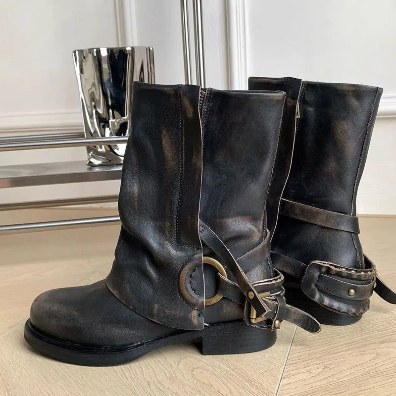 Eilyken Winter Retro Punk Pleated Women Ankle Boots Color Blocking Round Toe Zipper Buckle Square Heels Western Boots Mujer