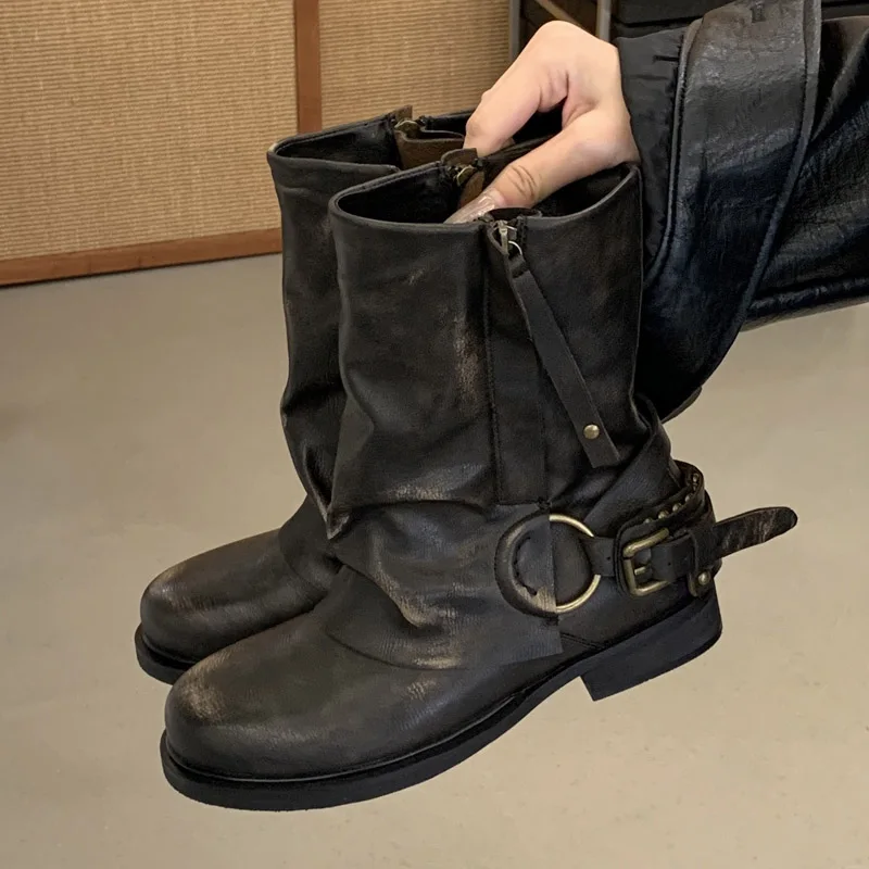 Eilyken Winter Retro Punk Pleated Women Ankle Boots Color Blocking Round Toe Zipper Buckle Square Heels Western Boots Mujer
