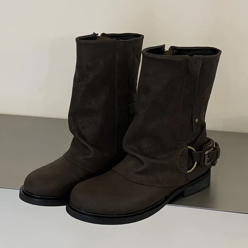 Eilyken Winter Retro Punk Pleated Women Ankle Boots Color Blocking Round Toe Zipper Buckle Square Heels Western Boots Mujer
