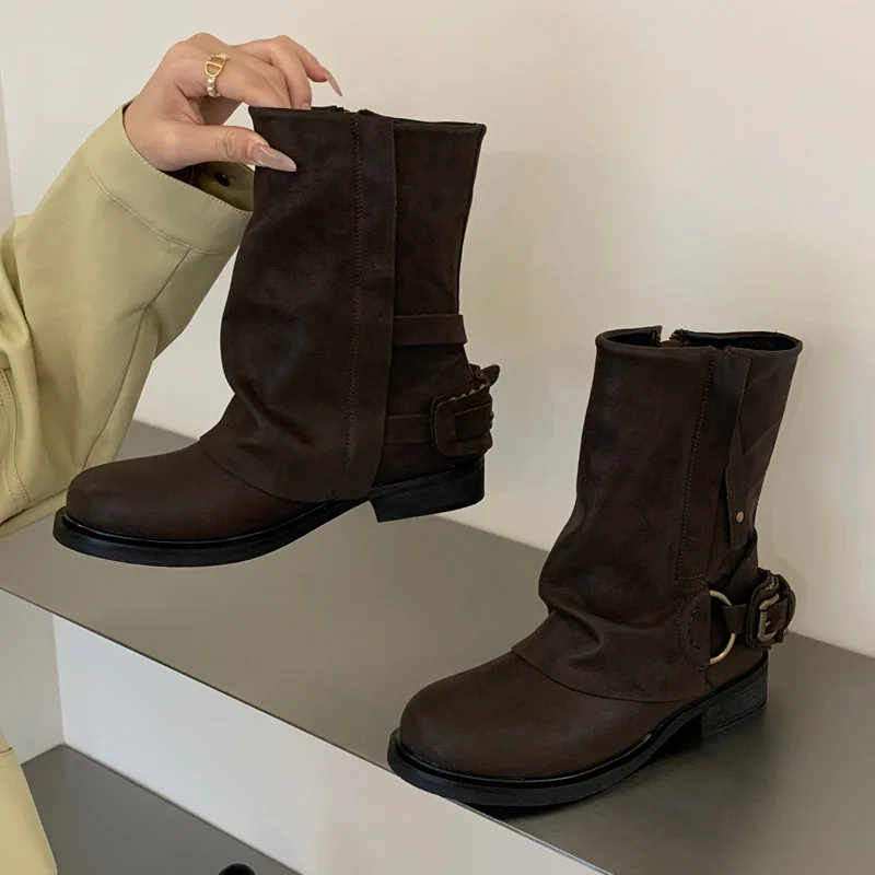 Eilyken Winter Retro Punk Pleated Women Ankle Boots Color Blocking Round Toe Zipper Buckle Square Heels Western Boots Mujer