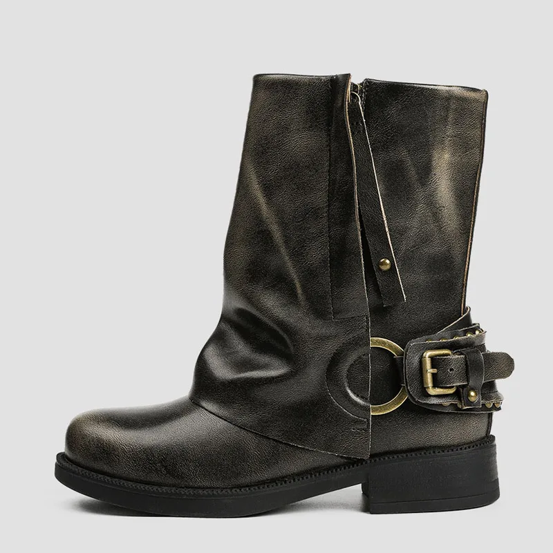 Eilyken Winter Retro Punk Pleated Women Ankle Boots Color Blocking Round Toe Zipper Buckle Square Heels Western Boots Mujer