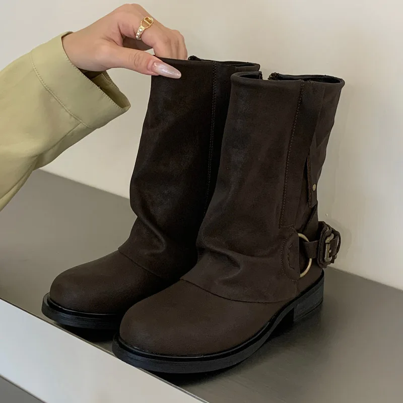Eilyken Winter Retro Punk Pleated Women Ankle Boots Color Blocking Round Toe Zipper Buckle Square Heels Western Boots Mujer
