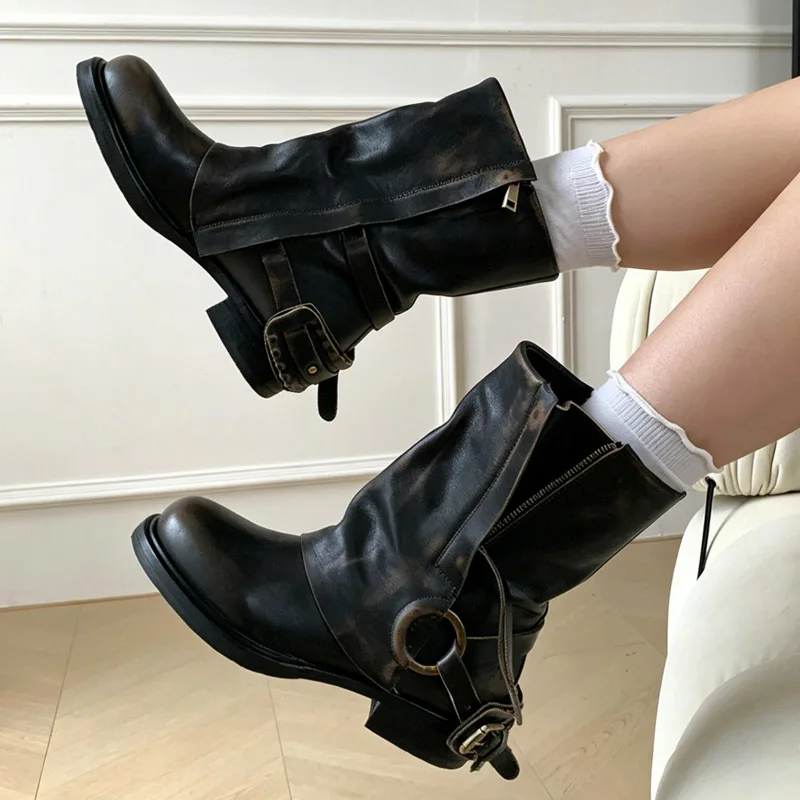 Eilyken Winter Retro Punk Pleated Women Ankle Boots Color Blocking Round Toe Zipper Buckle Square Heels Western Boots Mujer