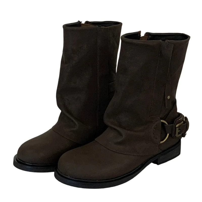 Eilyken Winter Retro Punk Pleated Women Ankle Boots Color Blocking Round Toe Zipper Buckle Square Heels Western Boots Mujer