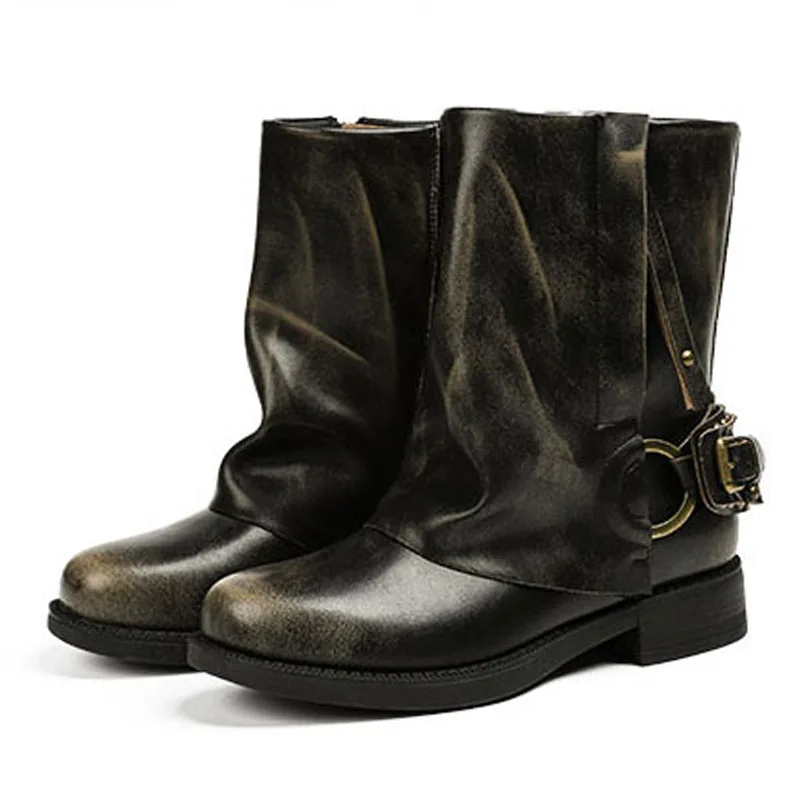 Eilyken Winter Retro Punk Pleated Women Ankle Boots Color Blocking Round Toe Zipper Buckle Square Heels Western Boots Mujer