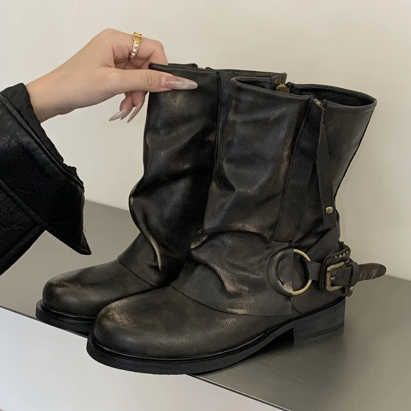 Eilyken Winter Retro Punk Pleated Women Ankle Boots Color Blocking Round Toe Zipper Buckle Square Heels Western Boots Mujer