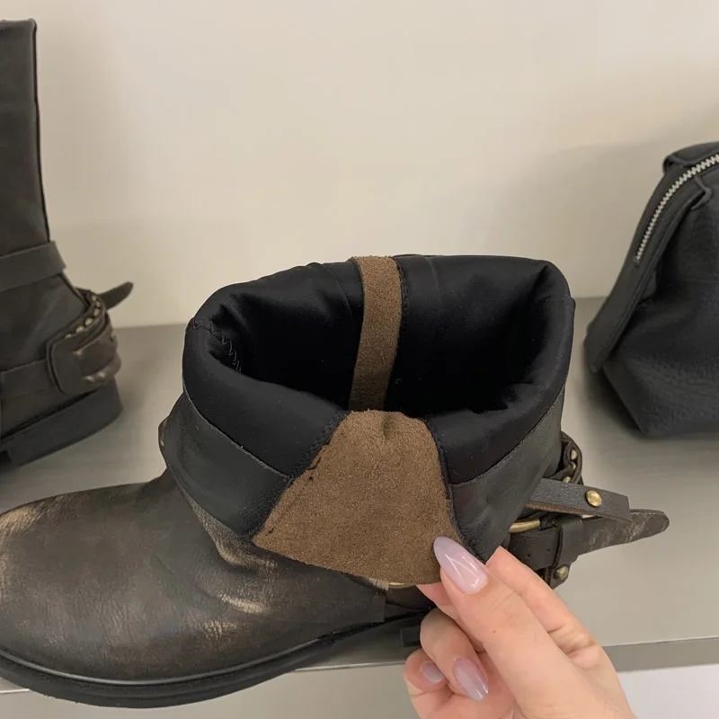 Eilyken Winter Retro Punk Pleated Women Ankle Boots Color Blocking Round Toe Zipper Buckle Square Heels Western Boots Mujer