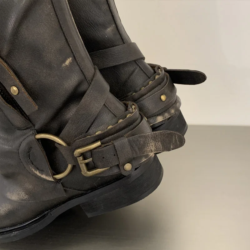 Eilyken Winter Retro Punk Pleated Women Ankle Boots Color Blocking Round Toe Zipper Buckle Square Heels Western Boots Mujer