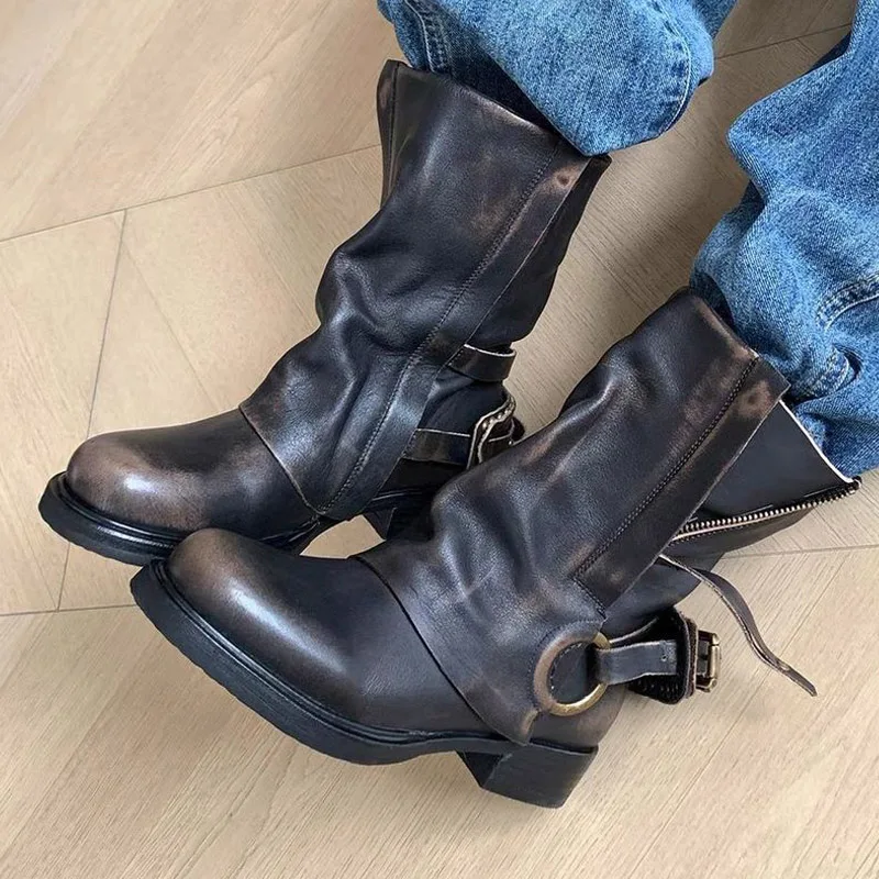 Eilyken Winter Retro Punk Pleated Women Ankle Boots Color Blocking Round Toe Zipper Buckle Square Heels Western Boots Mujer