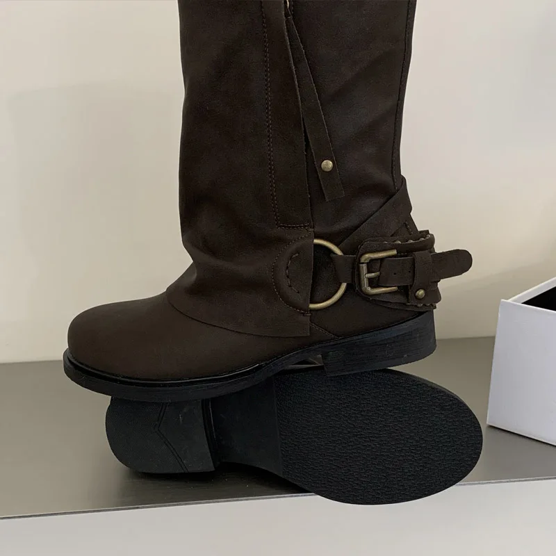 Eilyken Winter Retro Punk Pleated Women Ankle Boots Color Blocking Round Toe Zipper Buckle Square Heels Western Boots Mujer