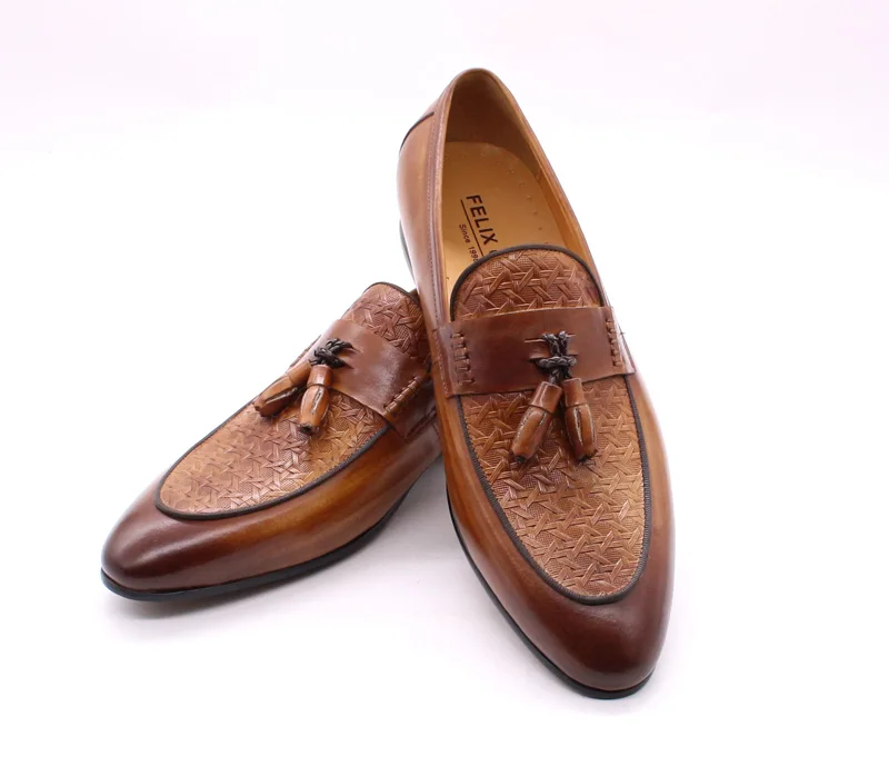 FELIX CHU Men's Genuine Leather Tassel Loafers Italian Luxury Fashion Slip-On Dress Shoes for Parties Weddings Casual Wear