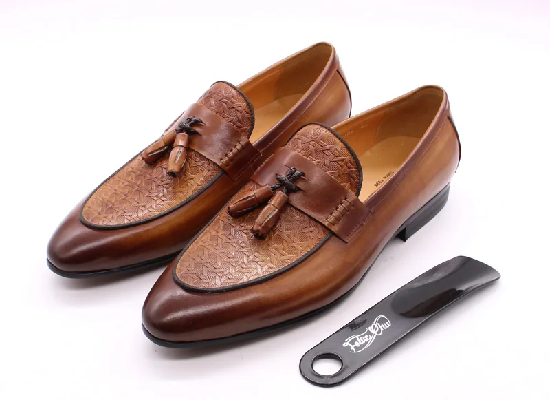 FELIX CHU Men's Genuine Leather Tassel Loafers Italian Luxury Fashion Slip-On Dress Shoes for Parties Weddings Casual Wear