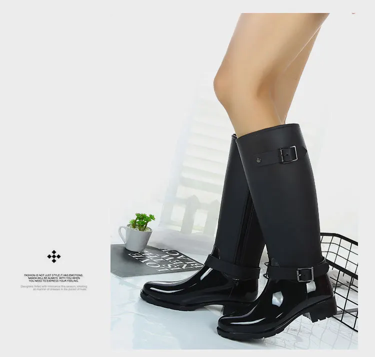 Women's zipper Tall Boots Punk Style Belt buckle Shoes Pure Color Rain Boots Outdoor Rubber Water shoes For Female Zapatos Mujer