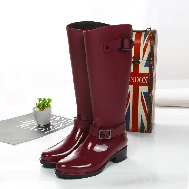 Women's zipper Tall Boots Punk Style Belt buckle Shoes Pure Color Rain Boots Outdoor Rubber Water shoes For Female Zapatos Mujer