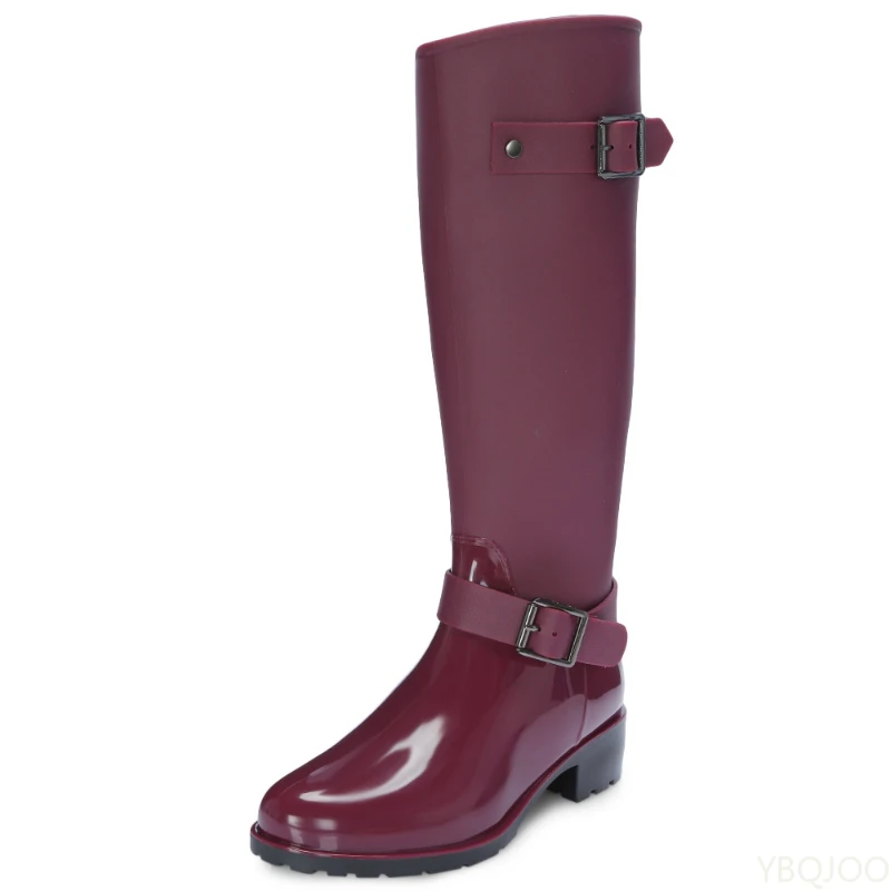 Women's zipper Tall Boots Punk Style Belt buckle Shoes Pure Color Rain Boots Outdoor Rubber Water shoes For Female Zapatos Mujer