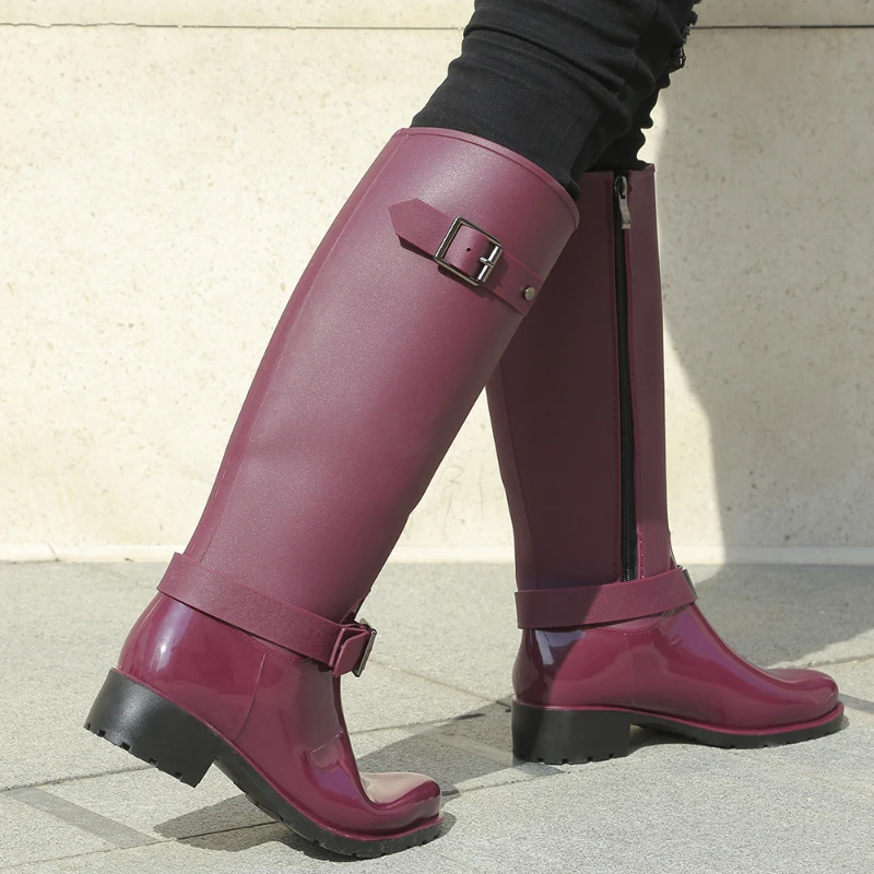 Women's zipper Tall Boots Punk Style Belt buckle Shoes Pure Color Rain Boots Outdoor Rubber Water shoes For Female Zapatos Mujer