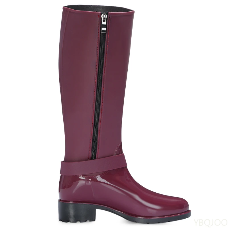 Women's zipper Tall Boots Punk Style Belt buckle Shoes Pure Color Rain Boots Outdoor Rubber Water shoes For Female Zapatos Mujer