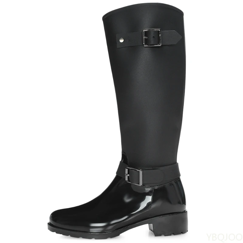 Women's zipper Tall Boots Punk Style Belt buckle Shoes Pure Color Rain Boots Outdoor Rubber Water shoes For Female Zapatos Mujer